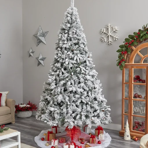 Nearly Natural 10 To 14 Feet Tall>10' Pre-Lit Flocked West Virginia Fir Artificial Christmas Tree, Warm Clear Led Lights