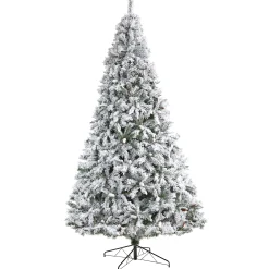 Nearly Natural 10 To 14 Feet Tall></noscript>10' Pre-Lit Flocked White River Mountain Artificial Christmas Tree, Warm Clear Led Lights