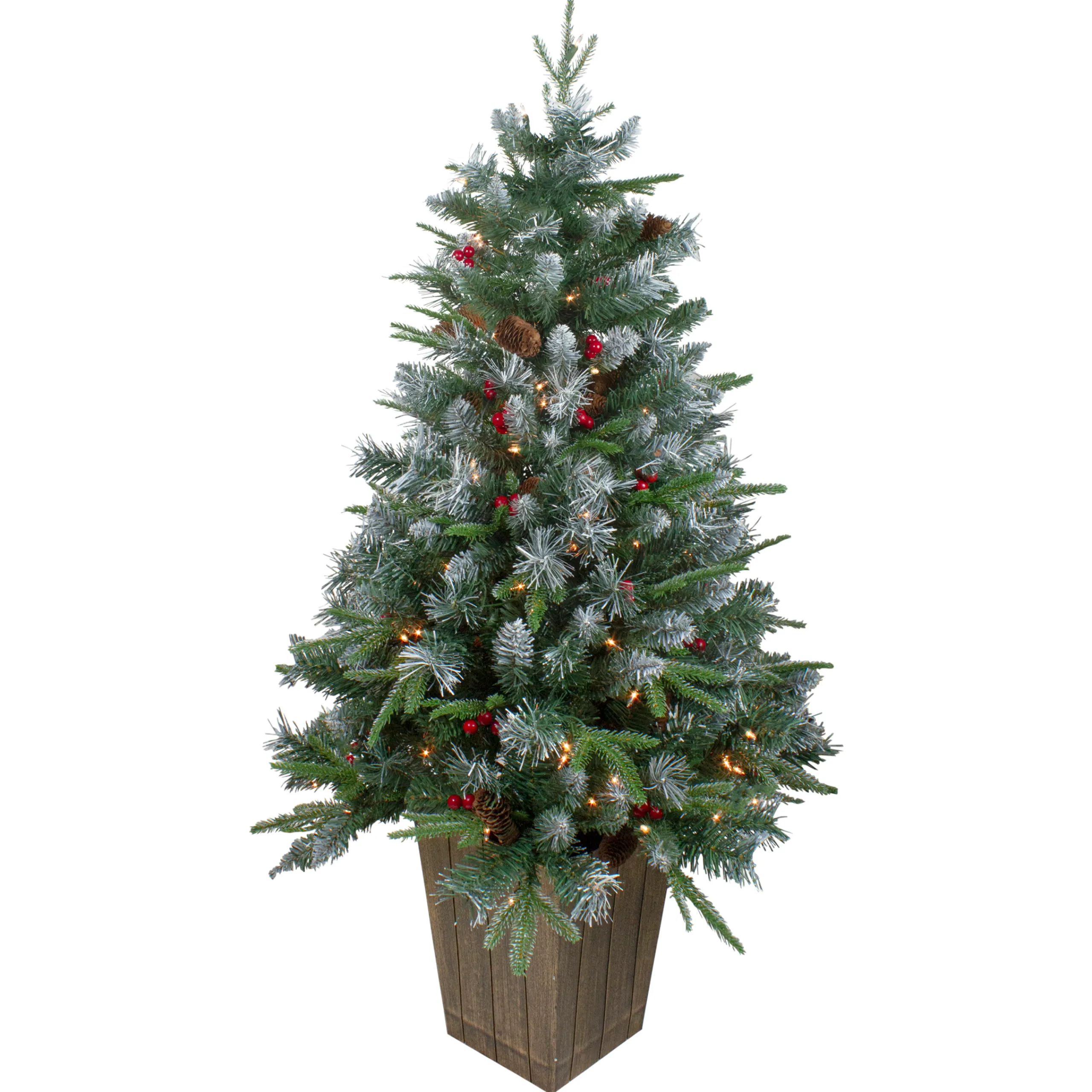 Northlight 4 And 4.5 Feet Tall>4' Pre-Lit Frosted Mixed Berry Pine Artificial Christmas Tree In Pot - Clear Lights
