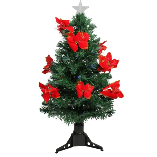 DAK 3 And 3.5 Feet Tall>3' Pre-Lit Medium Fiber Optic Red Poinsettias Artificial Christmas Tree - Multicolor Lights