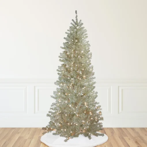 Northlight 9 And 9.5 Feet Tall>9' Pre-Lit Metallic Platinum Artificial Tinsel Christmas Tree - Clear Lights