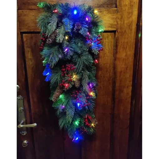 Pre-Lit Teardrops*Celestial Lights 32" Pre-Lit Pine Artificial Christmas Teardrop Swag, Warm White And Multi Led Lights