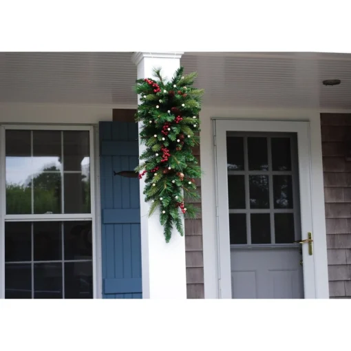Pre-Lit Teardrops*Celestial Lights 32" Pre-Lit Pine Artificial Christmas Teardrop Swag, Warm White And Multi Led Lights