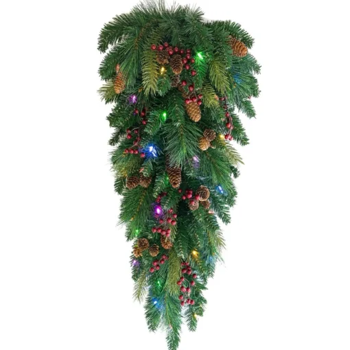 Pre-Lit Teardrops*Celestial Lights 32" Pre-Lit Pine Artificial Christmas Teardrop Swag, Warm White And Multi Led Lights