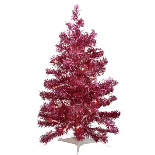 Northlight 2.5 Feet Tall And Smaller>2' Pre-Lit Pink Passion Iridescent Pine Artificial Tinsel Christmas Tree - Clear Lights