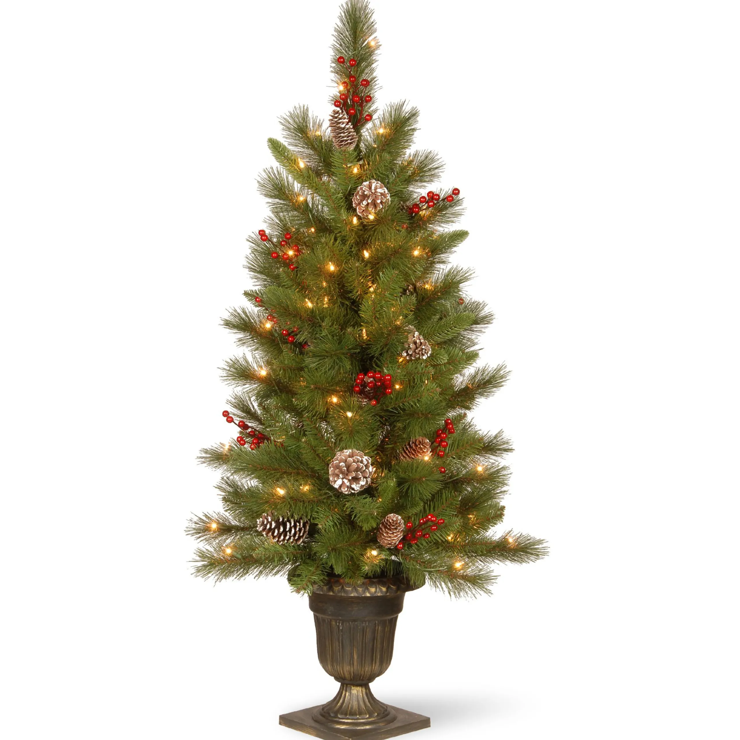 National Tree Company Potted Trees>4' Pre-Lit Potted Berry Entrance Christmas Tree, Clear Lights