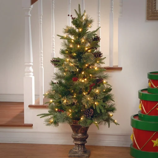 National Tree Company Potted Trees>4' Pre-Lit Potted Colonial Entrance Artificial Christmas Tree, Clear Lights