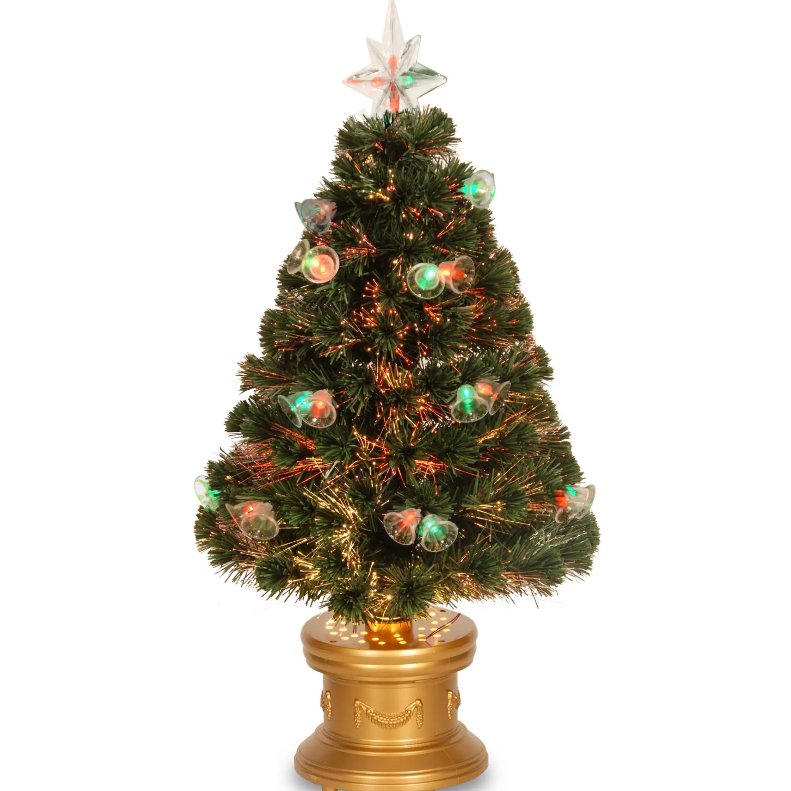 National Tree Company Potted Trees>3' Pre-Lit Potted Double Bell Artificial Christmas Tree, Fiber Optic Lights