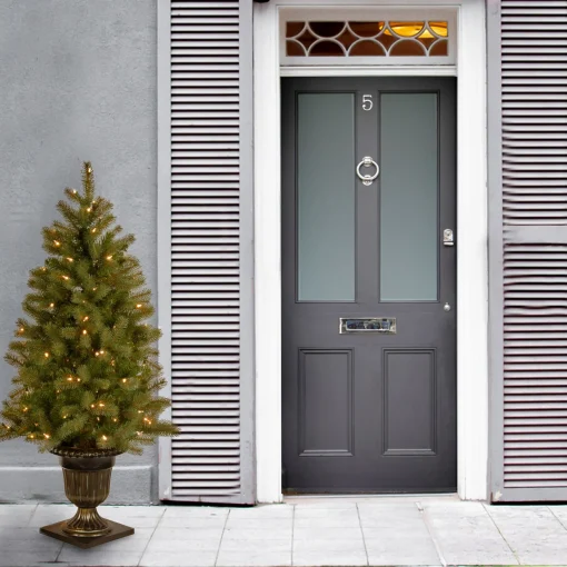 National Tree Company Potted Trees>4' Pre-Lit Potted Downswept Fir Artificial Christmas Tree, Clear Lights