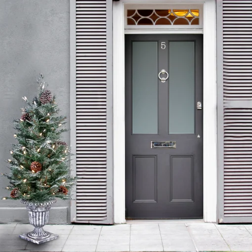National Tree Company Potted Trees>4' Pre-Lit Potted Frosted Spruce Entrance Artificial Christmas Tree, Clear Lights