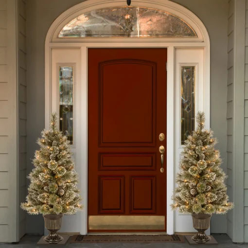 National Tree Company Potted Trees>4' Pre-Lit Potted Glittery Bristle Christmas Tree, Clear Lights