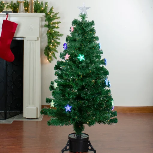 Northlight 4 And 4.5 Feet Tall>4' Pre-Lit Potted Medium Pine Color Changing Star Artificial Christmas Tree - Multi-Color Fiber Optic Led Lights