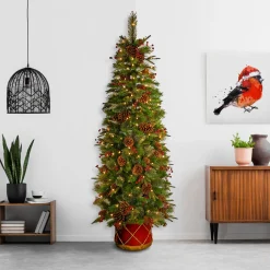 National Tree Company Potted Trees>6' Pre-Lit Potted Pencil Colonial Fir Artificial Christmas Half Wall Tree, Clear Lights