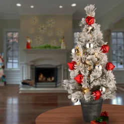 National Tree Company Potted Trees>2' Pre-Lit Potted Snowy Bristle Pine Medium Artificial Tabletop Christmas Tree, White Led Lights