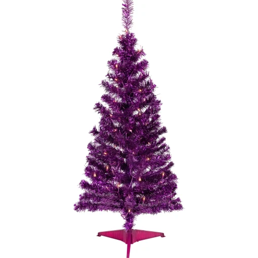 Northlight 4 And 4.5 Feet Tall>4' Pre-Lit Purple Tinsel Artificial Christmas Tree- Clear Lights, Purple Wire