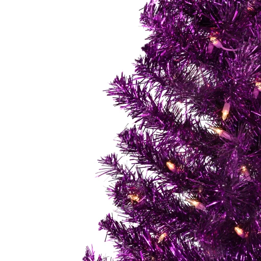 Northlight 4 And 4.5 Feet Tall>4' Pre-Lit Purple Tinsel Artificial Christmas Tree- Clear Lights, Purple Wire