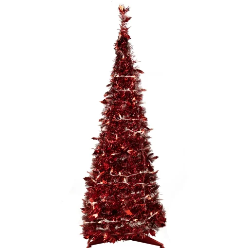 Northlight 6 And 6.5 Feet Tall>6' Pre-Lit Red Tinsel Pop-Up Artificial Christmas Tree - Clear Lights