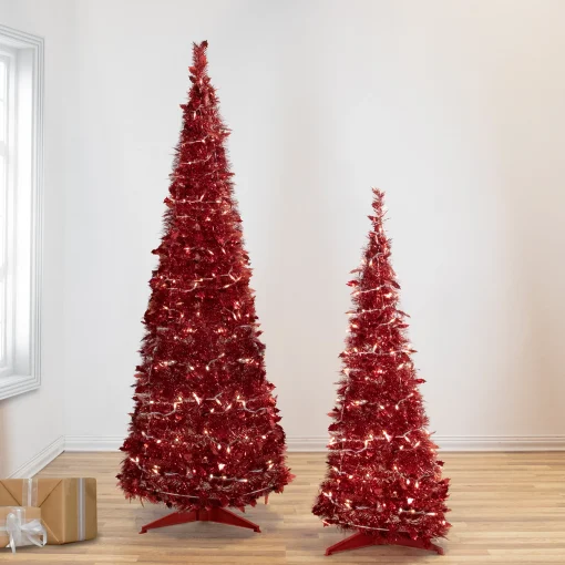 Northlight 6 And 6.5 Feet Tall>6' Pre-Lit Red Tinsel Pop-Up Artificial Christmas Tree - Clear Lights