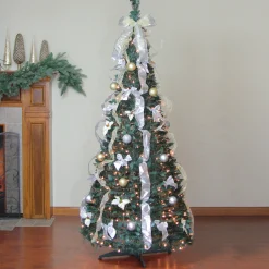 Northlight 6 And 6.5 Feet Tall>6' Pre-Lit Silver And Gold Pre-Decorated Pop-Up Artificial Christmas Tree, Clear Lights