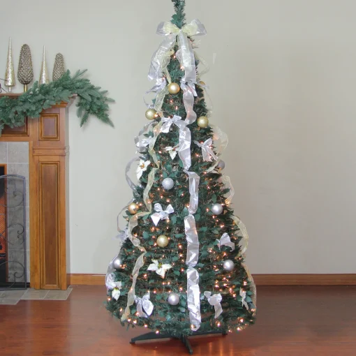 Northlight 6 And 6.5 Feet Tall>6' Pre-Lit Silver And Gold Pre-Decorated Pop-Up Artificial Christmas Tree, Clear Lights