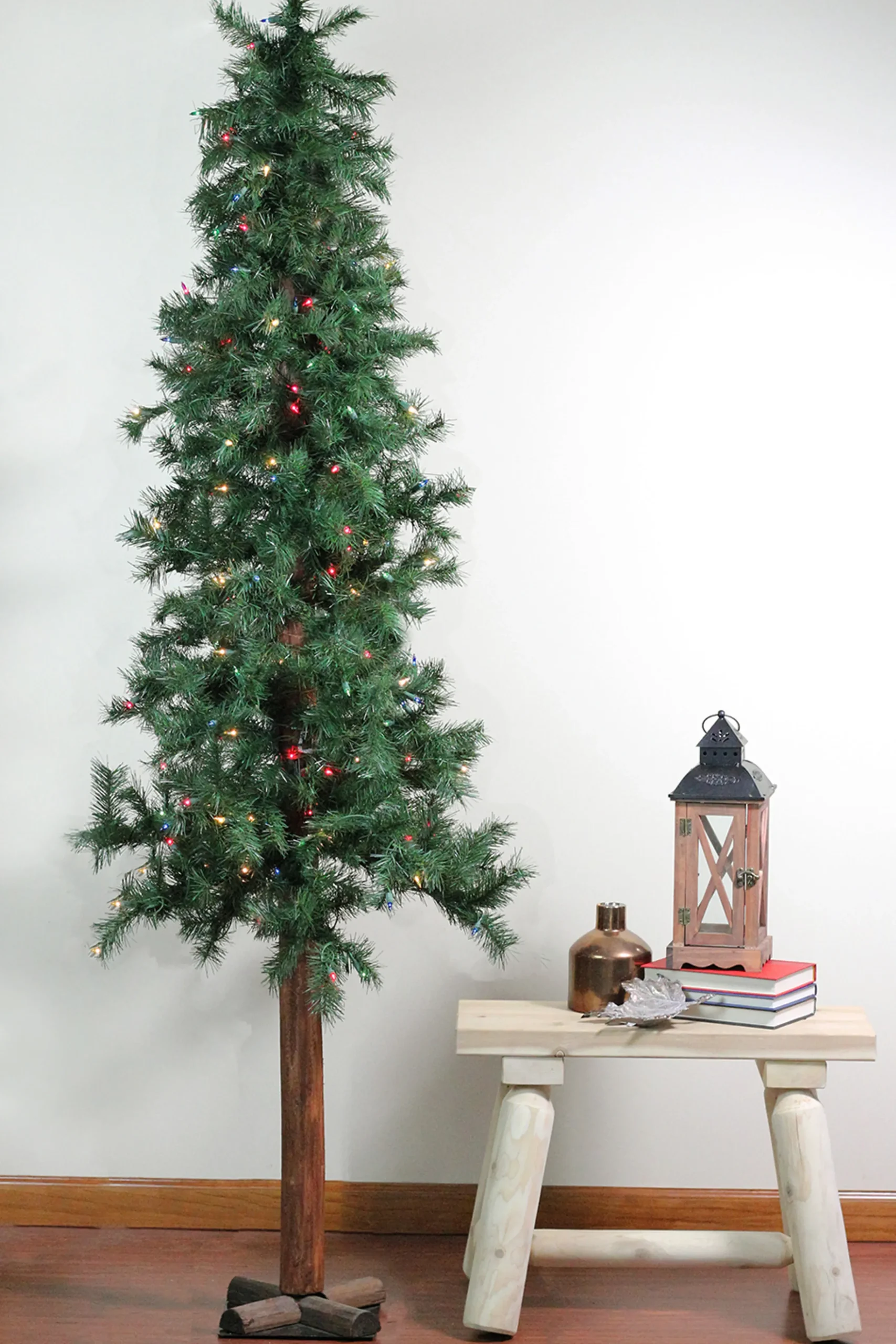 Allstate 7 And 7.5 Feet Tall>7' Pre-Lit Slim Traditional Woodland Alpine Artificial Christmas Tree - Multicolor Lights