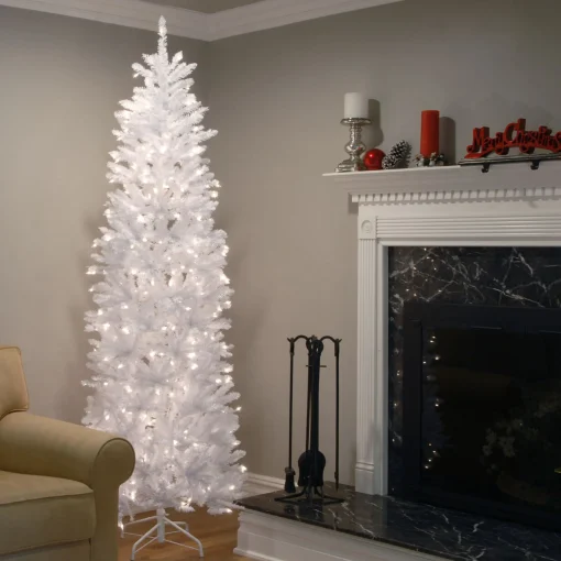 National Tree Company White Trees>7' Pre-Lit White Kingswood Fir Pencil Artificial Christmas Tree, Clear Lights