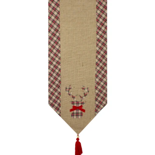 Linens*Northlight 36" Red And Brown Burlap And Plaid Reindeer Christmas Table Runner
