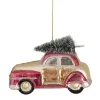 Northlight Transportation>5" Red And Gold Glitter Car With Christmas Tree Glass Ornament