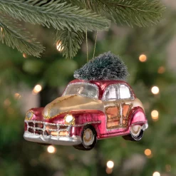 Northlight Transportation>5" Red And Gold Glitter Car With Christmas Tree Glass Ornament