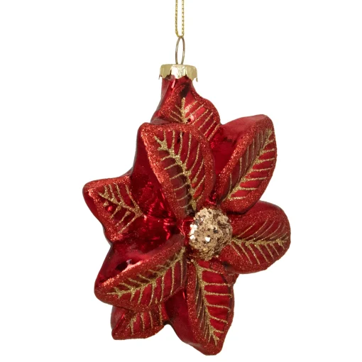 Northlight Garden & Floral>4.5" Red And Gold Glittery Poinsettia Glass Christmas Ornament