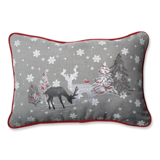 Pillows & Throws*Pillow Perfect 18.5" Red And Gray Embroidered Reindeer Christmas Rectangular Throw Pillow