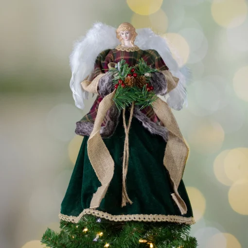 Angel Tree Toppers*Northlight 18" Red And Green Angel In A Dress Christmas Tree Topper Accented With Holly Berries - Unlit