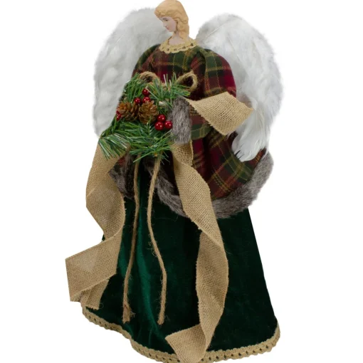 Angel Tree Toppers*Northlight 18" Red And Green Angel In A Dress Christmas Tree Topper Accented With Holly Berries - Unlit