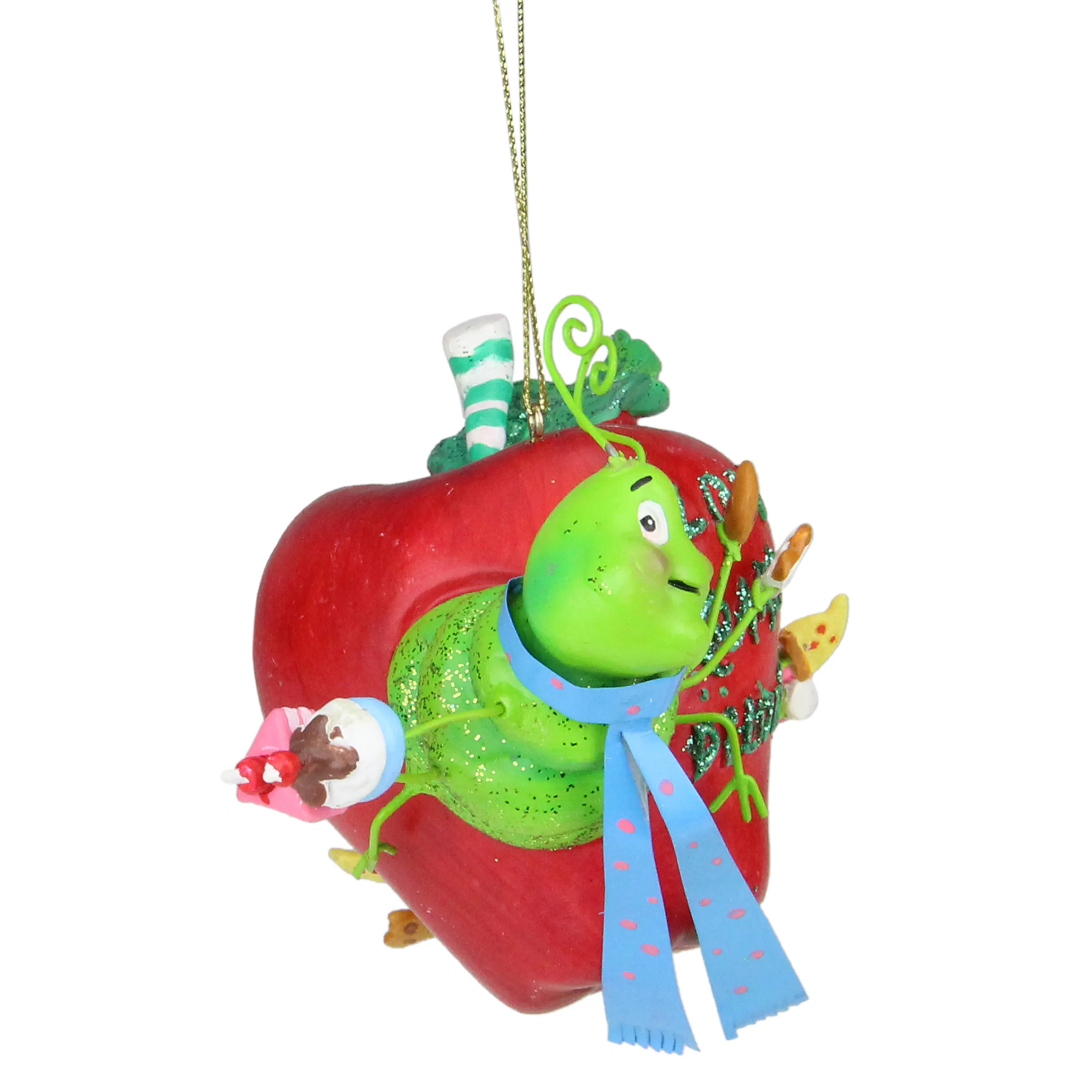 Kurt Adler Humor>4" Red And Green Worm Apple "Low Carb Delites" Christmas Ornament