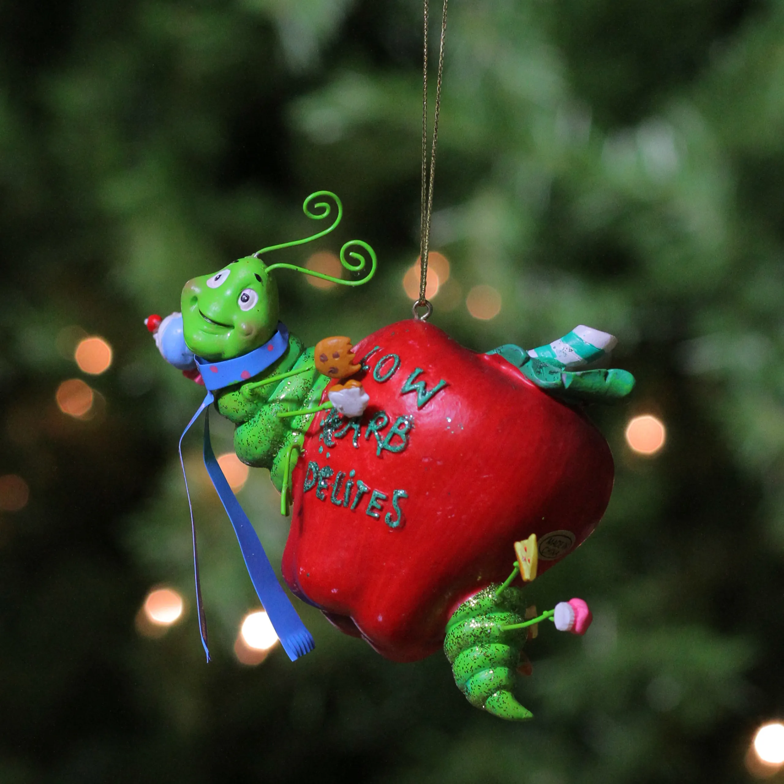 Kurt Adler Humor>4" Red And Green Worm Apple "Low Carb Delites" Christmas Ornament