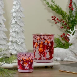 Candles & Holders*Northlight 3" Red And Shiny Silver Deer In Winter Woods Flameless Glass Candle Holder