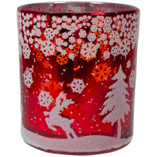 Candles & Holders*Northlight 3" Red And Shiny Silver Deer In Winter Woods Flameless Glass Candle Holder