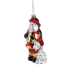 Northlight Santa Claus>5" Red And White Fireman Santa Claus With Dalmatian Glass Christmas Ornament