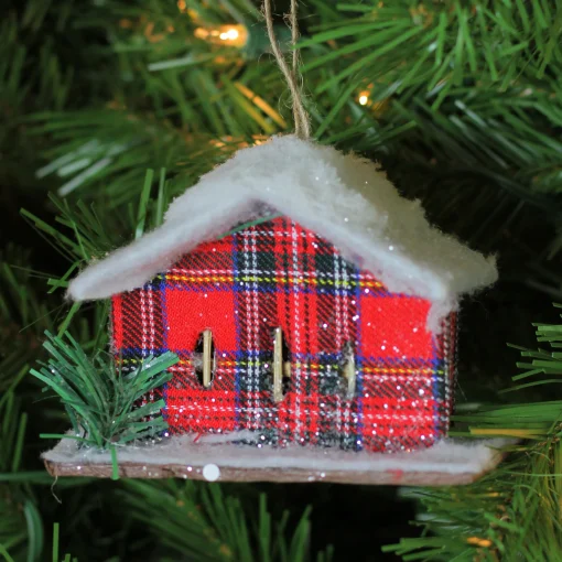 Northlight Woodland>4.5" Red And White Plaid Snow Covered Cabin Christmas Ornament