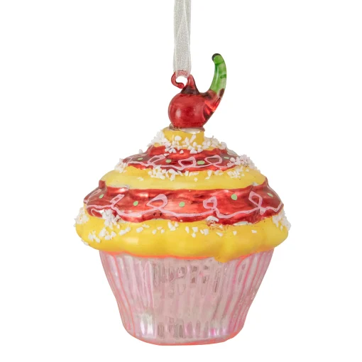 Northlight Food & Beverage>3" Red And Yellow Cupcake With Cherry Glass Christmas Ornament