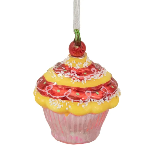 Northlight Food & Beverage>3" Red And Yellow Cupcake With Cherry Glass Christmas Ornament