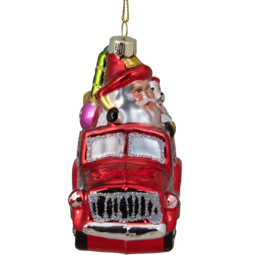 Northlight Santa Claus>4" Red Fire Truck With Santa And Presents Glass Christmas Ornament
