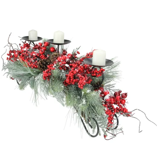 Candles & Holders*Melrose 30" Red Frosted Berry And Pine Needle Christmas Candle Holder