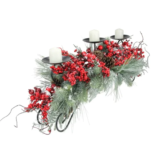 Candles & Holders*Melrose 30" Red Frosted Berry And Pine Needle Christmas Candle Holder