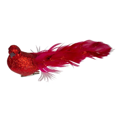 Northlight Animals>7" Red Glittered Bird With Feathers Christmas Clip On Ornament