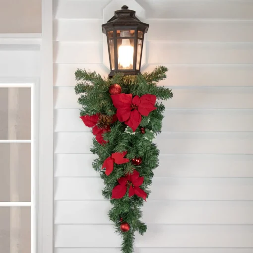Unlit Teardrops*Northlight 32" Red Poinsettia Pine Cone And Ball Artificial Christmas Teardrop Swag, Unlit