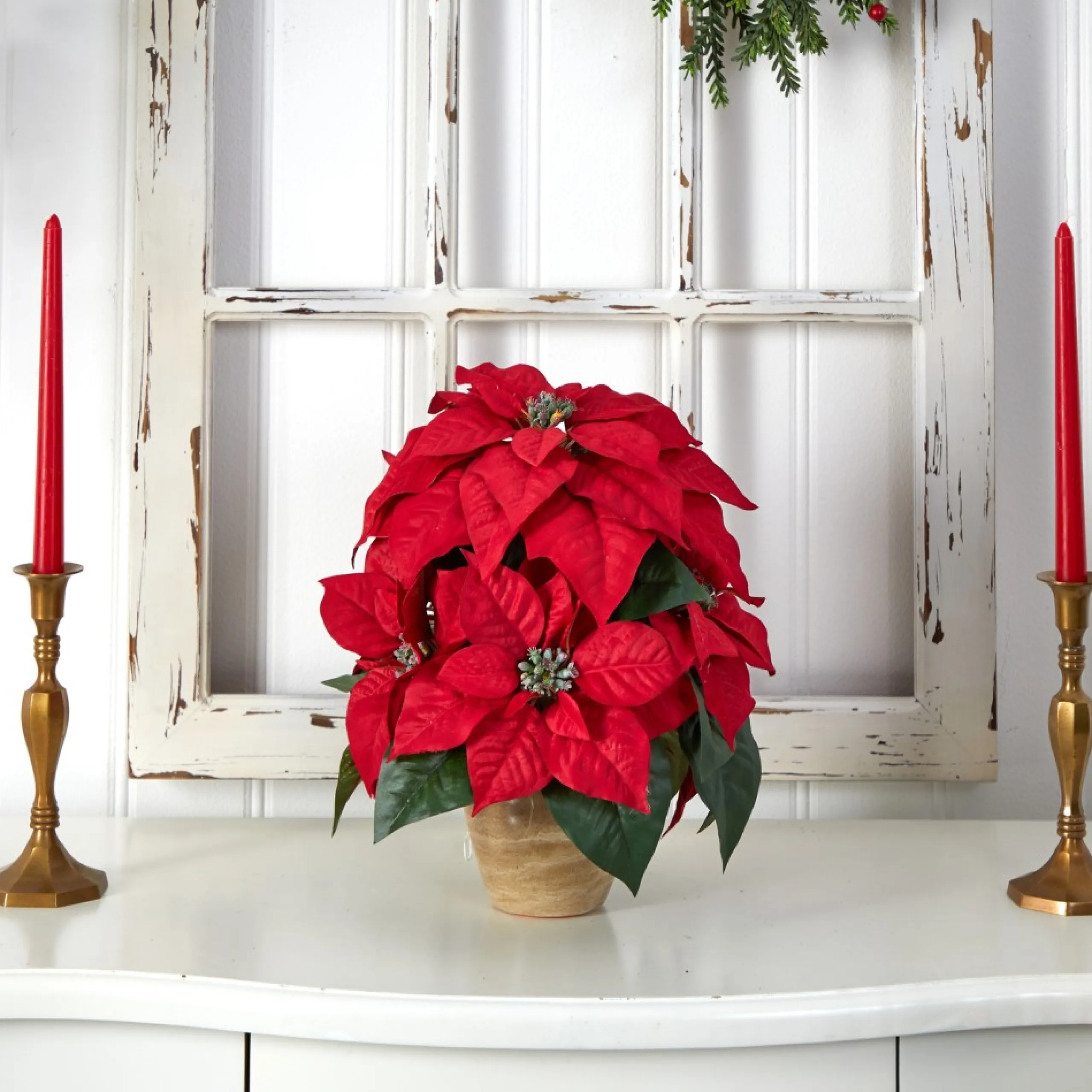 Floral*Nearly Natural 13" Red Poinsettia Silk Artificial Christmas Floral Arrangement With Ceramic Vase