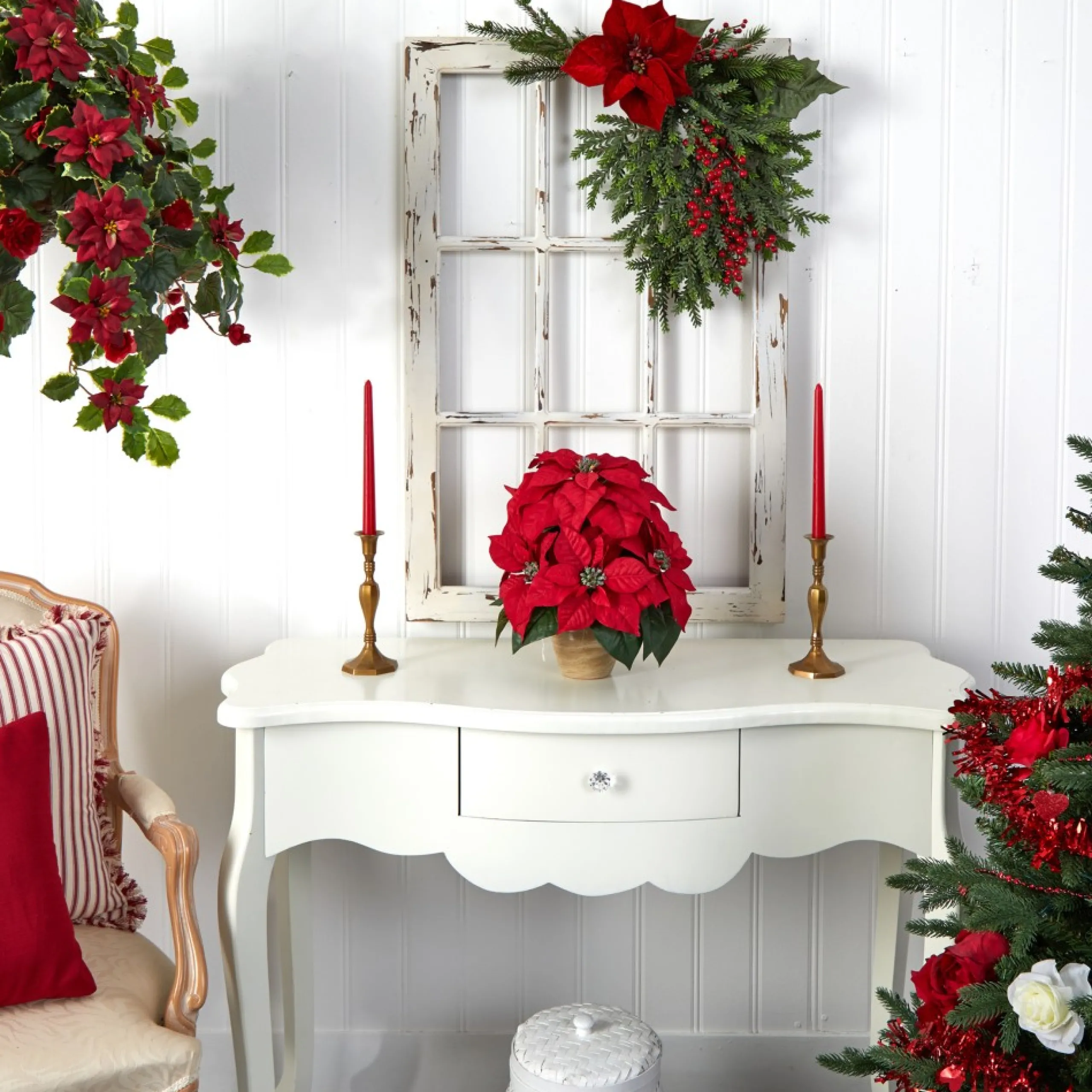 Floral*Nearly Natural 13" Red Poinsettia Silk Artificial Christmas Floral Arrangement With Ceramic Vase