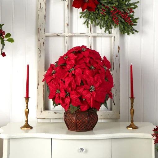Floral*Nearly Natural 22" Red Poinsettia Silk Christmas Artificial Floral Arrangement With Decorative Planter