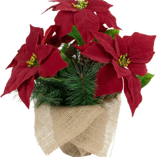 Floral*Northlight 13.5" Red Poinsettia With Pine Cones Artificial Christmas Floral Arrangement